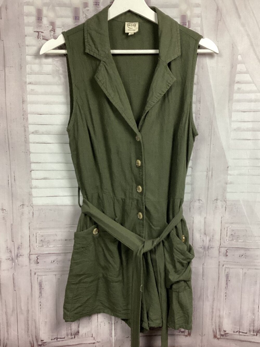 205 Collins Green Linen Blend Button Front Romper S